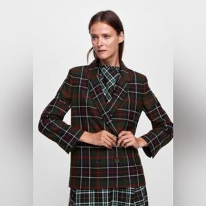 Zara Wool Blend Tartan Plaid Double Breasted Blazer Jacket Size Large